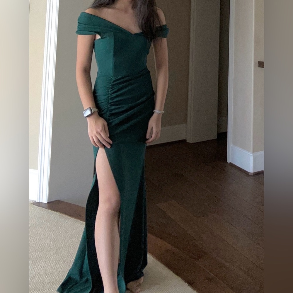 Windsor off the shoulder dark green prom dress
